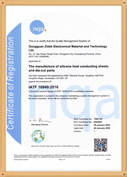 Cina Dongguan Ziitek Electronical Material and Technology Ltd. Certificazioni